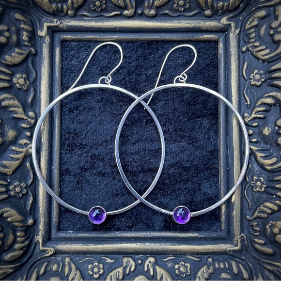 Sterling Silver Amethyst Hoop Earrings Handmade - Picture 1 of 5